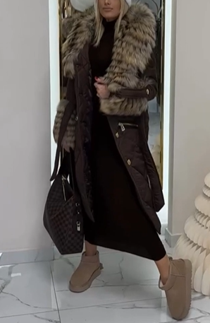 Diamond-Quilted Puffer Coat with Faux Fur Collar