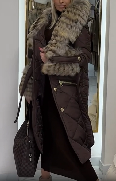 Diamond-Quilted Puffer Coat with Faux Fur Collar