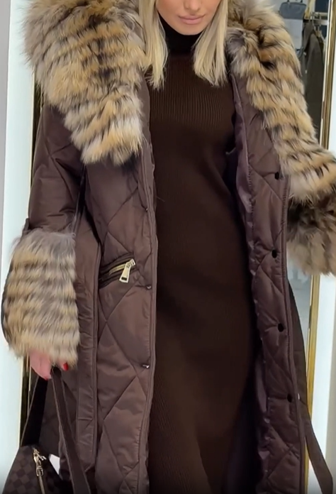 Diamond-Quilted Puffer Coat with Faux Fur Collar