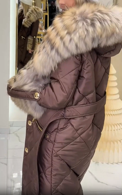Diamond-Quilted Puffer Coat with Faux Fur Collar