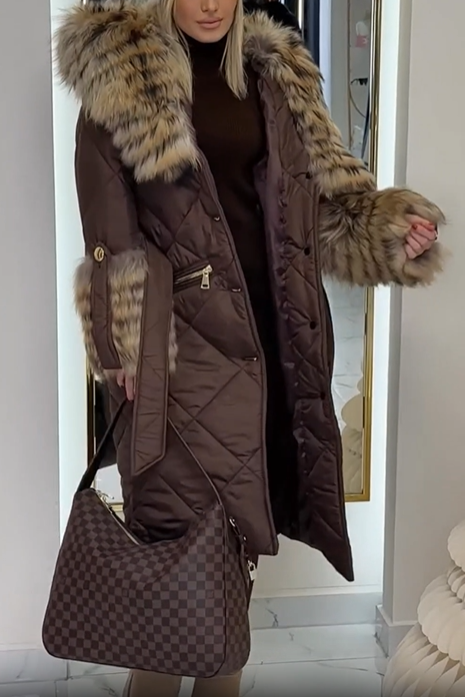 Diamond-Quilted Puffer Coat with Faux Fur Collar