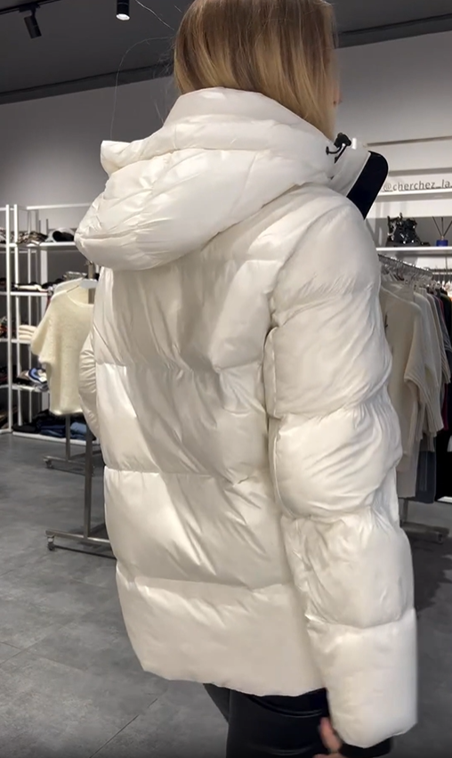 Thick hooded down jacket with built-in shoulder straps