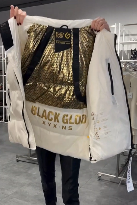 Thick hooded down jacket with built-in shoulder straps