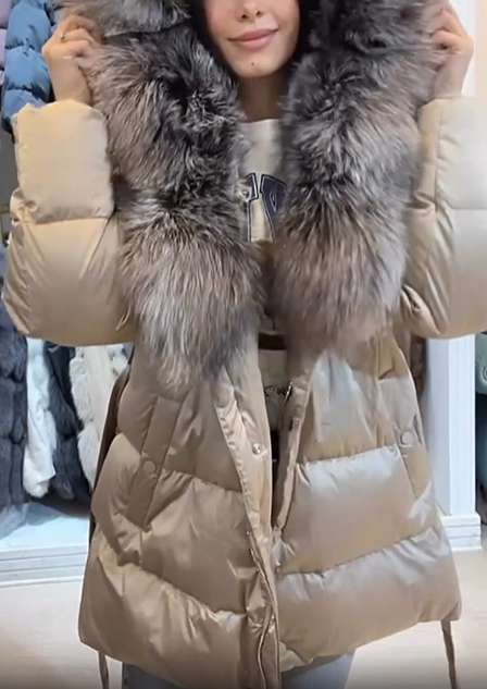 Beige Puffer Coat with Oversized Faux Fur Collar and Belt