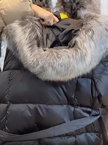 Beige Puffer Coat with Oversized Faux Fur Collar and Belt