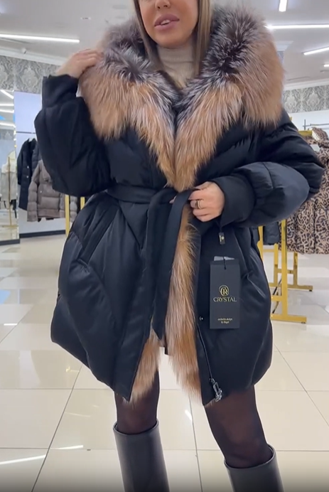 Hooded Puffer Coat with Multi-Tone Faux Fur Trim & Self-Tie Belt