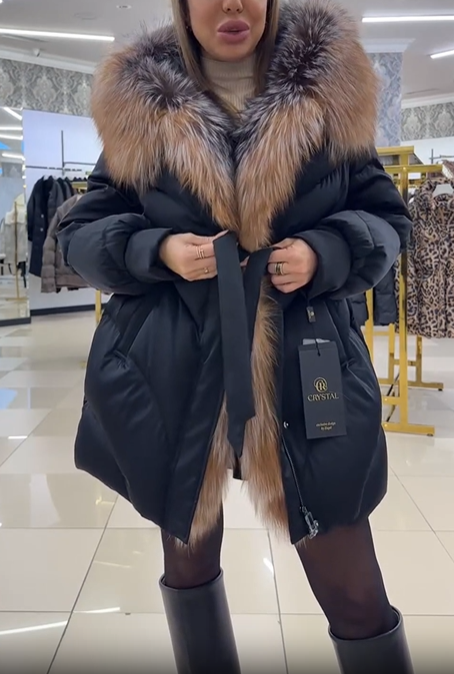 Hooded Puffer Coat with Multi-Tone Faux Fur Trim & Self-Tie Belt