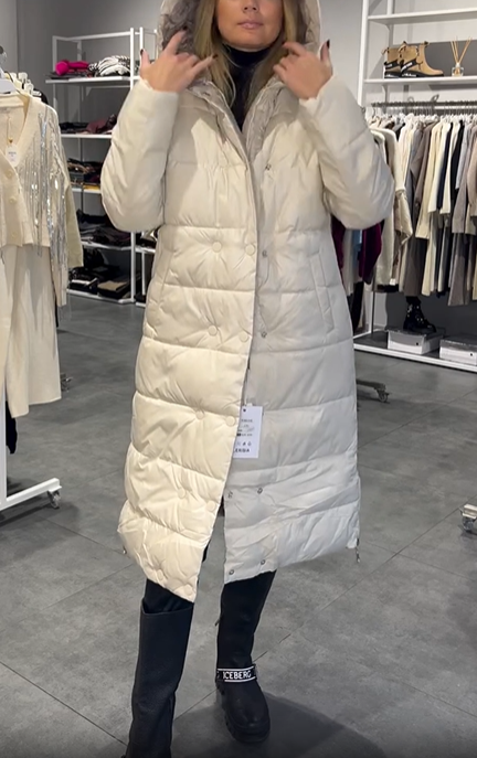 White Reversible Long Hooded Down Jacket