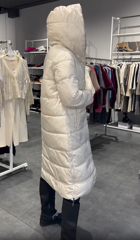 White Reversible Long Hooded Down Jacket