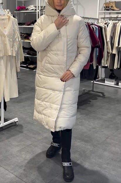 White Reversible Long Hooded Down Jacket