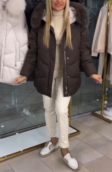 Diamond-Quilted Hooded Puffer Coat with Faux Fur Accents