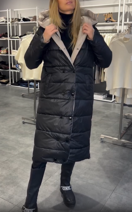 White Reversible Long Hooded Down Jacket