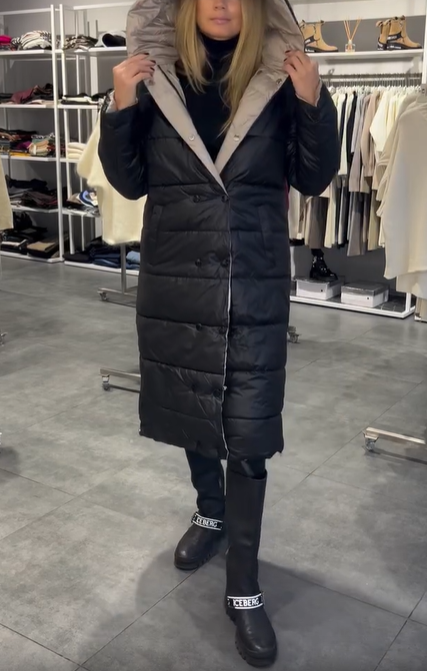 White Reversible Long Hooded Down Jacket