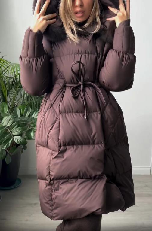 Longline Hooded Puffer Coat with Magnetic Closures & Drawstring Waist