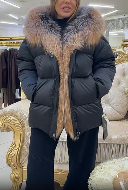 Down jacket with thickened faux fur collar