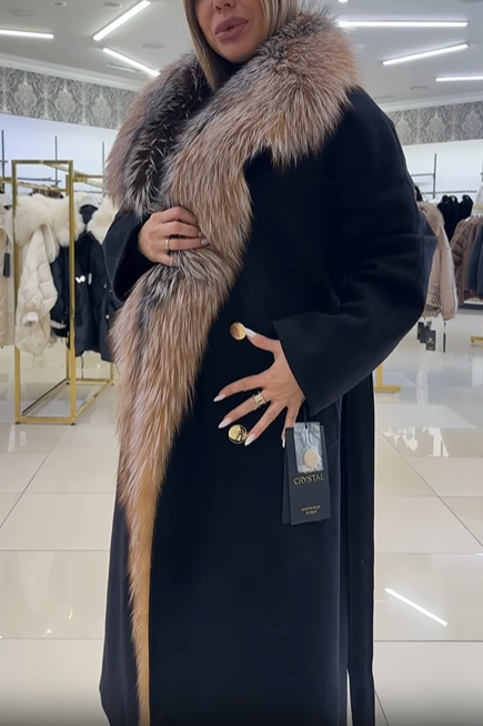 Gray Wool - Blend Coat with Faux Fur Trim and Belt