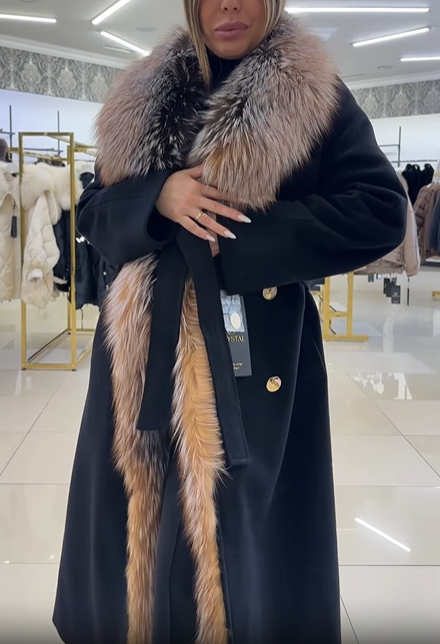 Gray Wool - Blend Coat with Faux Fur Trim and Belt