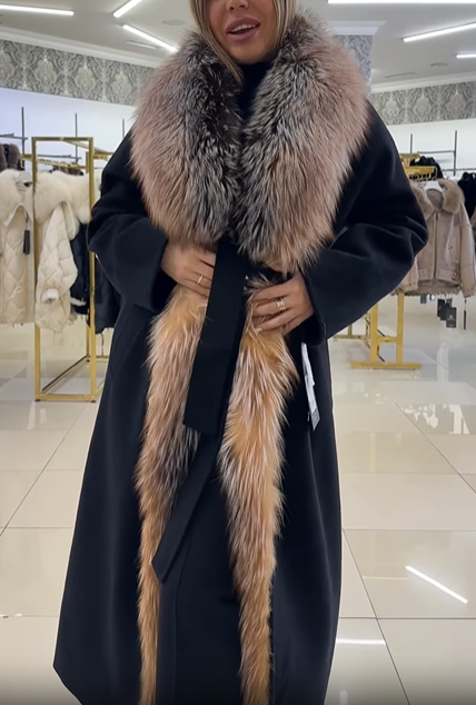 Gray Wool - Blend Coat with Faux Fur Trim and Belt