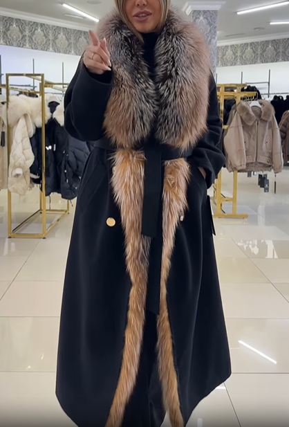 Gray Wool - Blend Coat with Faux Fur Trim and Belt