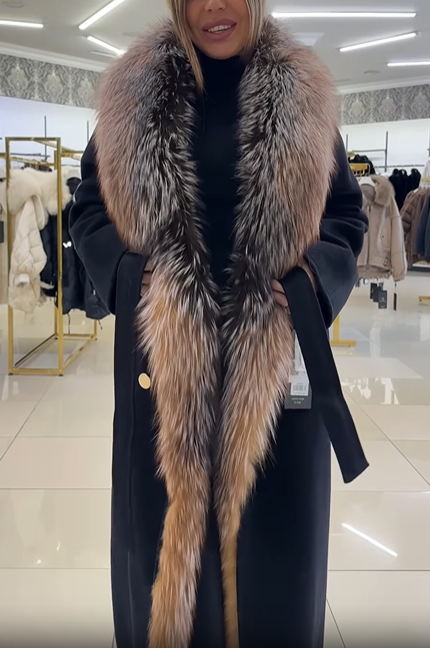 Gray Wool - Blend Coat with Faux Fur Trim and Belt