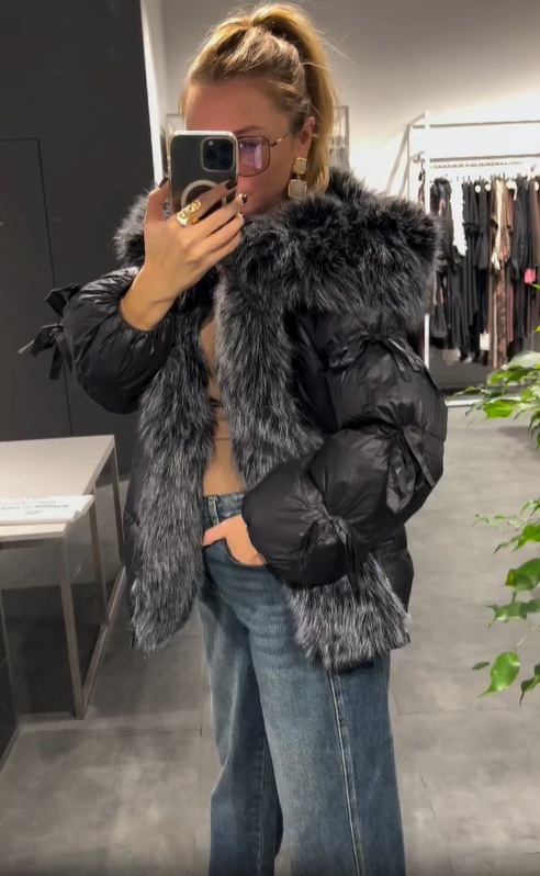 Faux Fur Trim Hooded Down Jacket with Bow Detail