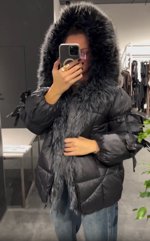 Faux Fur Trim Hooded Down Jacket with Bow Detail