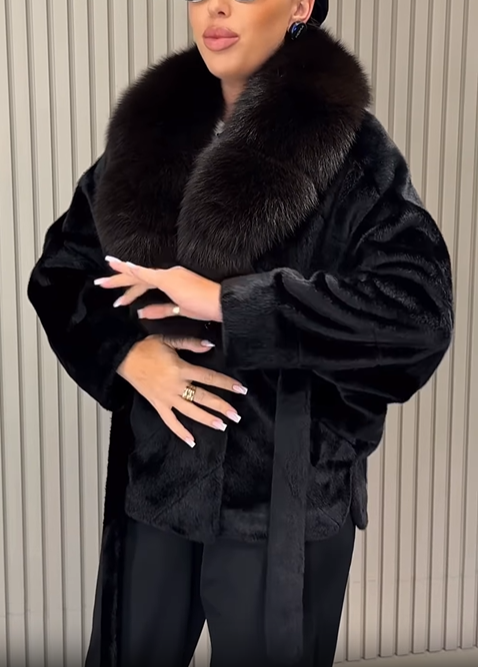 Faux Fur Coat with Oversized Collar & Adjustable Belt