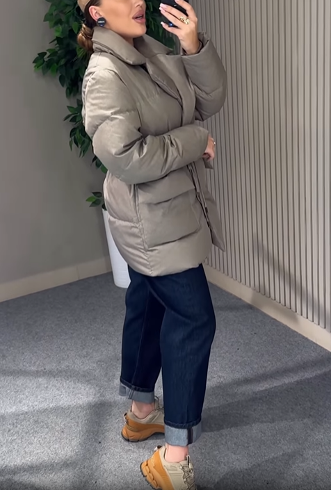 Collared Puffer Coat with Drawstring Waist