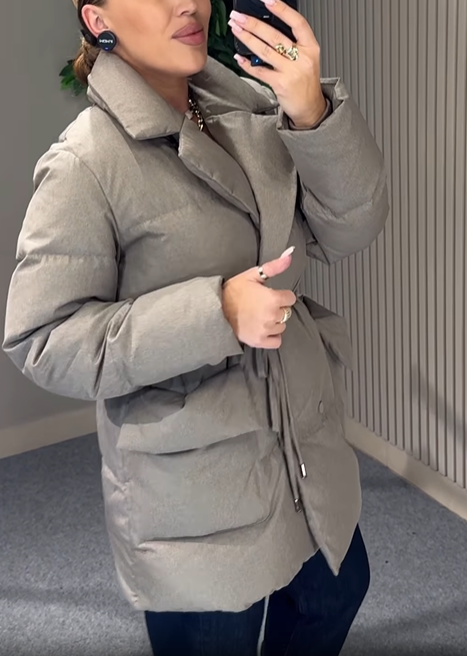 Collared Puffer Coat with Drawstring Waist