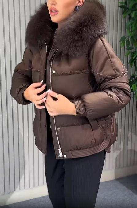 Cropped Puffer Jacket with Faux Fur Collar & Suede Panel Detailing