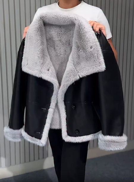 Faux Leather Shearling-Lined Jacket