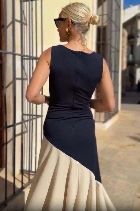 Colorblock Boat Neck Sleeveless Midi Dress