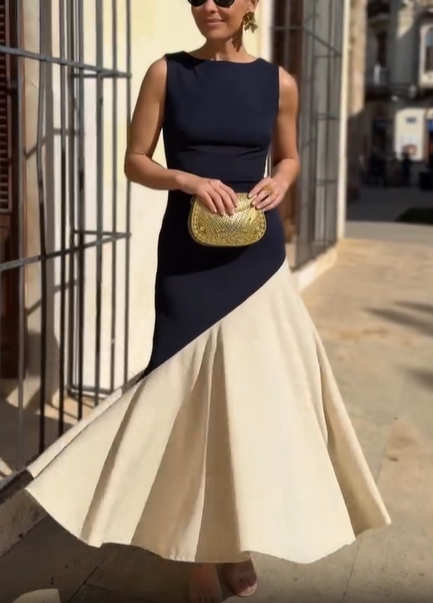 Colorblock Boat Neck Sleeveless Midi Dress