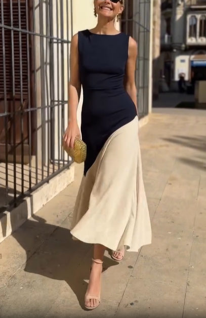 Colorblock Boat Neck Sleeveless Midi Dress