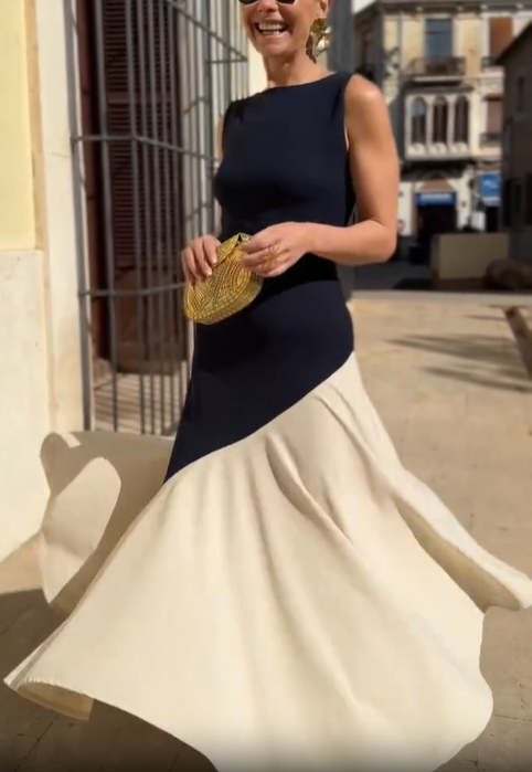 Colorblock Boat Neck Sleeveless Midi Dress