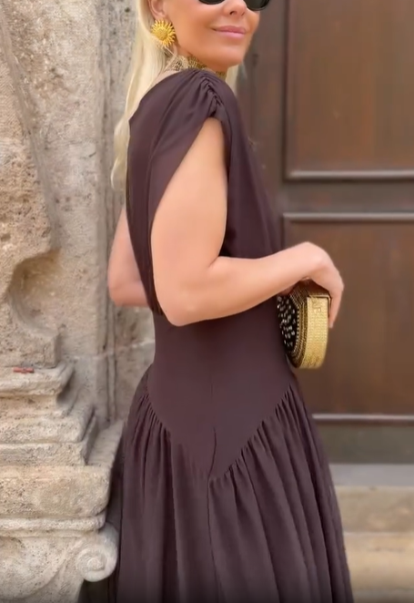 Brick Red Draped Chiffon Tiered Midi Dress