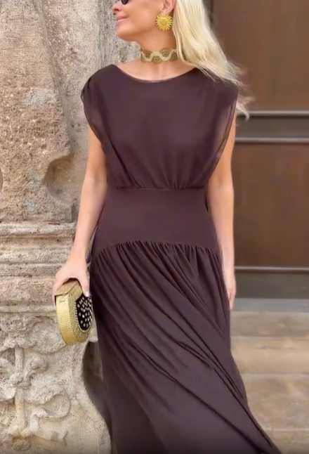 Brick Red Draped Chiffon Tiered Midi Dress