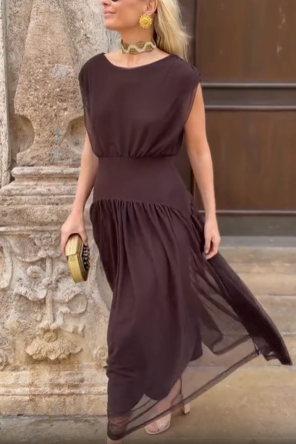 Brick Red Draped Chiffon Tiered Midi Dress