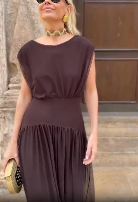 Brick Red Draped Chiffon Tiered Midi Dress