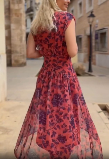 Floral Print Cap Sleeve Tiered Chiffon Midi Dress