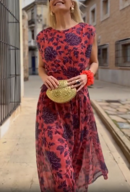 Floral Print Cap Sleeve Tiered Chiffon Midi Dress