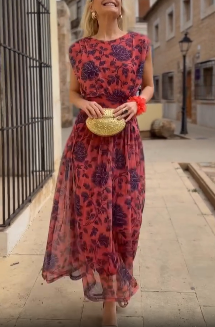 Floral Print Cap Sleeve Tiered Chiffon Midi Dress