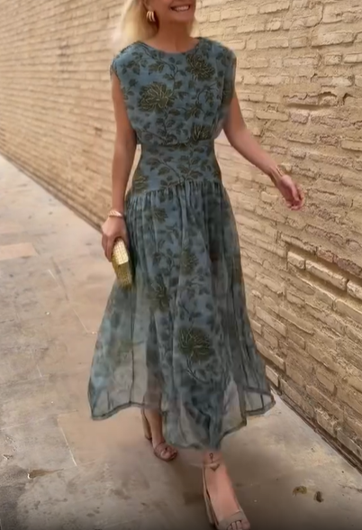 Floral Print Cap Sleeve Tiered Chiffon Midi Dress