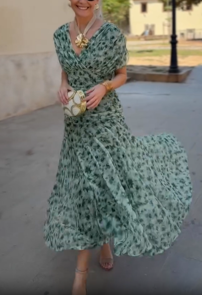 Ruched Floral Chiffon Wrap Midi Dress