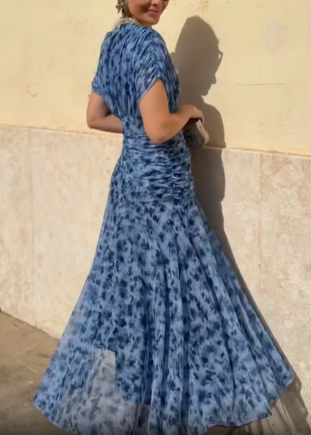 Ruched Floral Chiffon Wrap Midi Dress