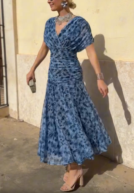 Ruched Floral Chiffon Wrap Midi Dress