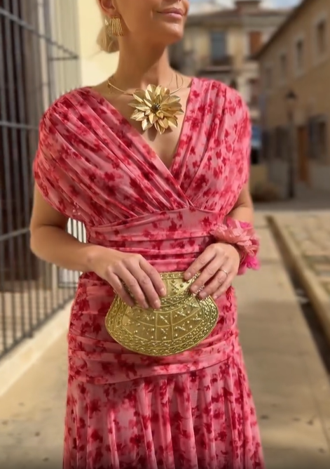 Ruched Floral Chiffon Wrap Midi Dress