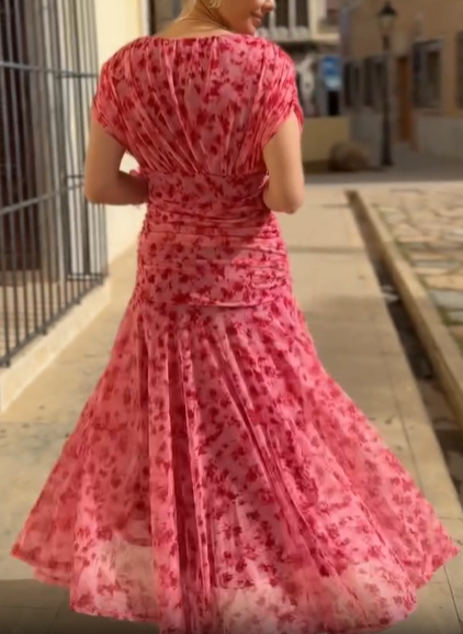Ruched Floral Chiffon Wrap Midi Dress