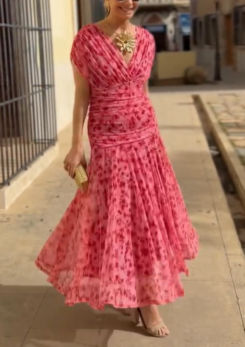 Ruched Floral Chiffon Wrap Midi Dress