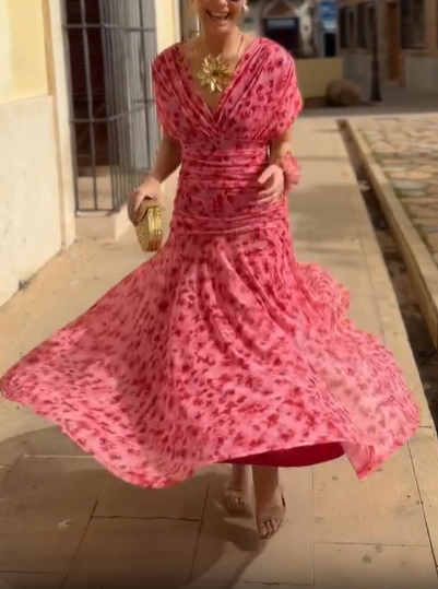 Ruched Floral Chiffon Wrap Midi Dress